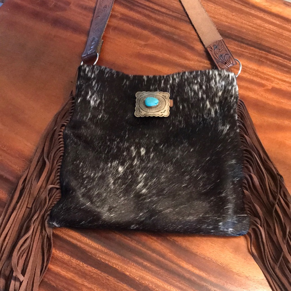 Beautiful hair on hide silver turquoise fringe bag